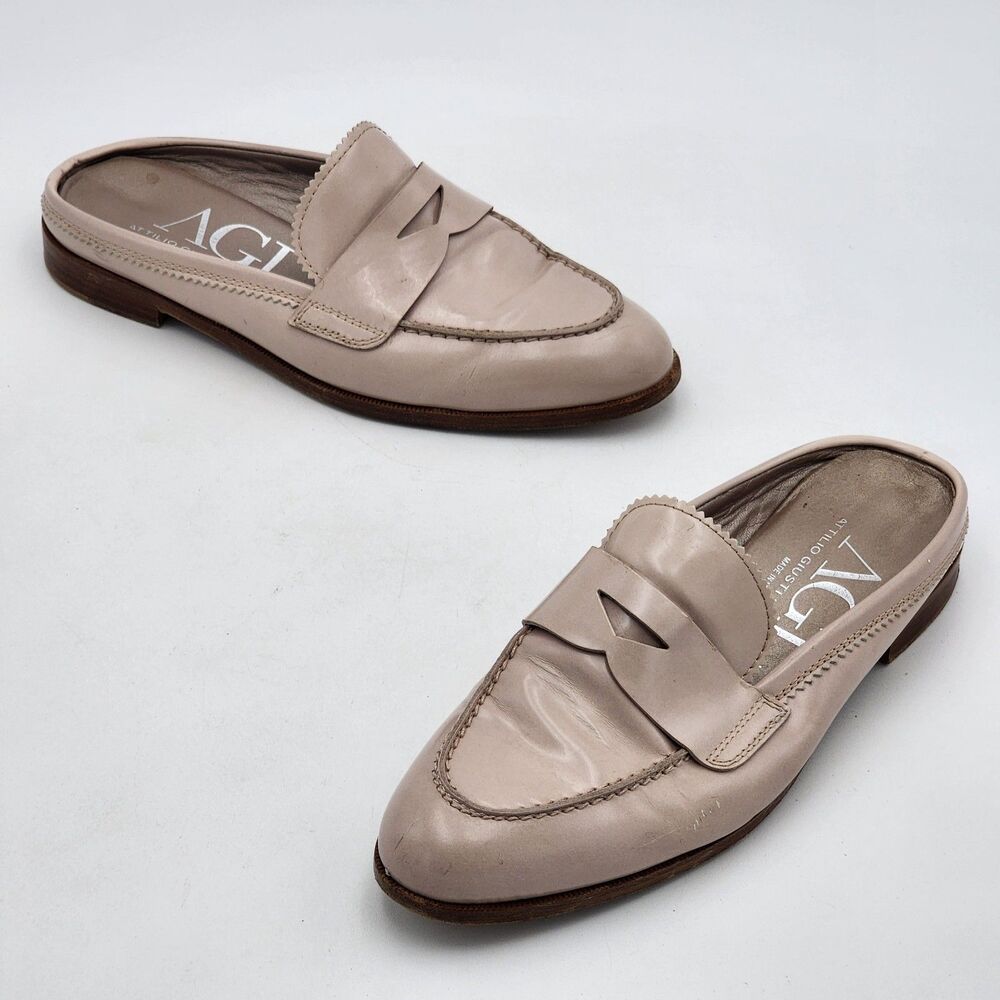 AGL Attilio Giusti Leombruni Patent Leather Loafer Mules Nude Pink Size 38.5 EU